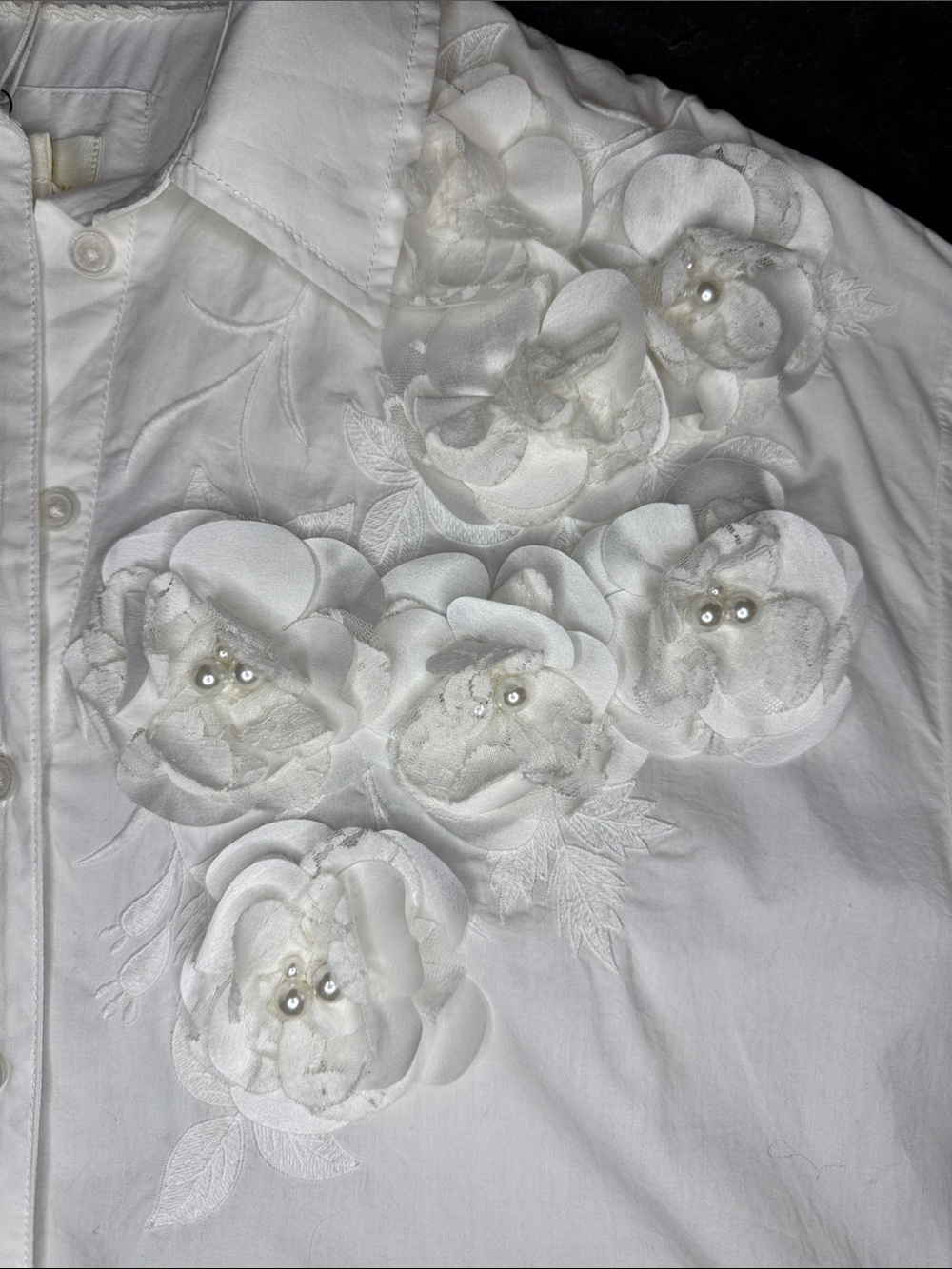 Anthropologie Maeve Bennet Buttondown 3D Floral Appliqué Shirt Fits Larger - Picture 5 of 17